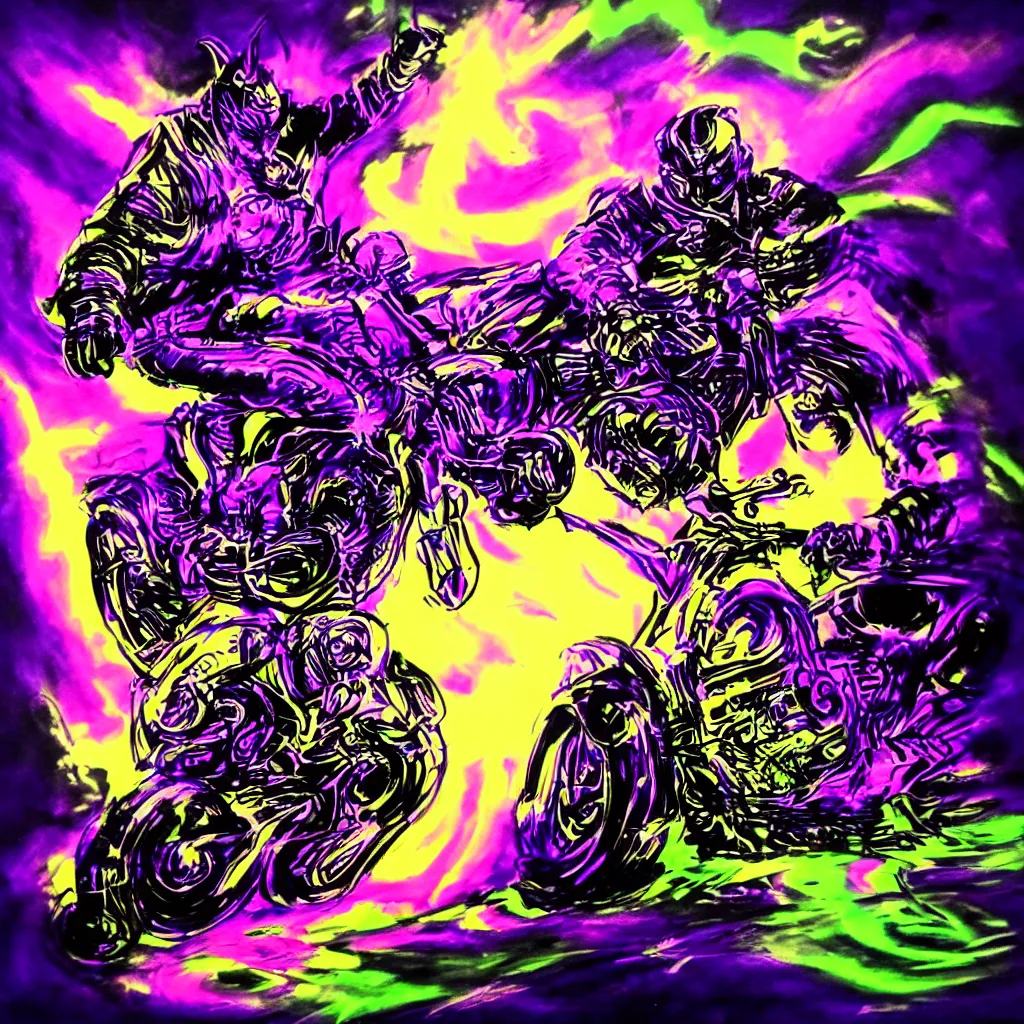 Image similar to psychedelic blacklight airbrush artwork, hyper stylized action shot of an orc biker riding a motorcycle, airbrushed on a black background