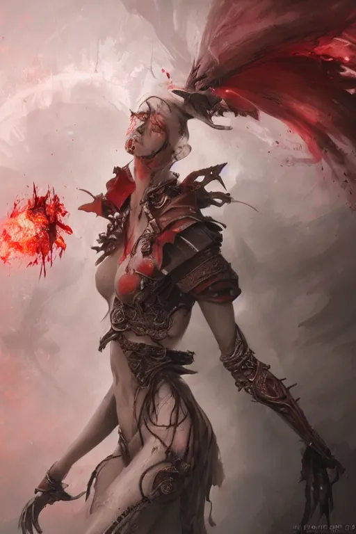 Image similar to beautiful girl necromancer, witch - doctor covered in blood, angels, 3 d render, hyper - realistic detailed portrait, holding fire and electricity, ruan jia, wlop. scifi, fantasy, magic the gathering, hyper detailed, octane render, concept art, peter mohrbacher