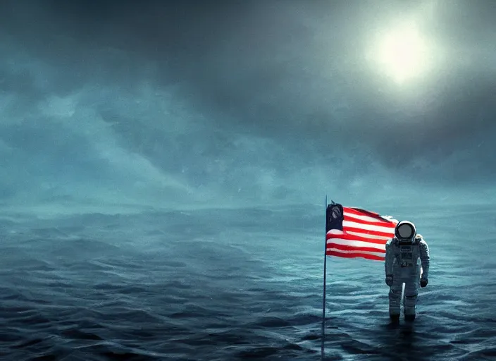 Image similar to astronaut holding a flag in an underwater desert. a submarine is visible in the distance. dark, concept art, cinematic, dramatic, atmospheric, 8 k, trending on artstation, blue, fish, low visibility, fog, ocean floor, christopher nolan, interstellar