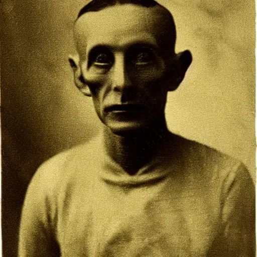 Image similar to photograph of alien by edwardian, male, 1 9 0 0 s, 1 9 1 0 s, grainy, slightly blurry, faded, realistic face