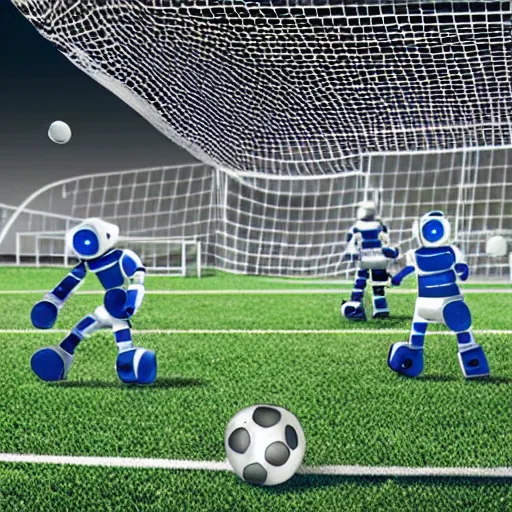 Image similar to photorealistic robots playing soccer