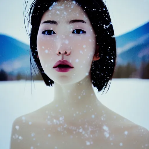 Image similar to a instax photo of fuji mountain, a tall japanese girl in a transparent sheer fabric dress against the background of fuji mountain, severe snow, full body shot, perfect symmetrical body, perfect symmetrical face, coherent symmetrical eyes, by peter kemp, by monia merlo, hyperrealistic, hyperdetailed, octane render, 8 k