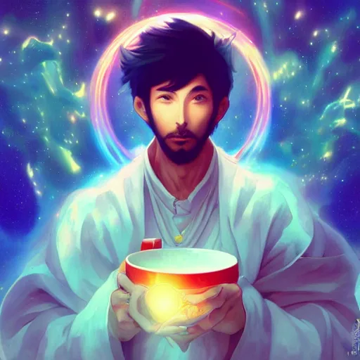 Image similar to A man drinking a cup of cosmic energy bright light, illustration, anime style, Artgerm, 4k, digital art, surreal, anime style, space dandy style, highly detailed, godsend, artstation, digital painting, concept art, smooth, sharp focus, illustration by Ruan Jia and Mandy Jurgens and William-Adolphe Bouguereau, Artgerm