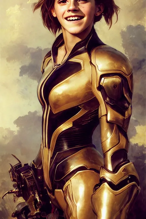 Prompt: emma watson smiling closeup portrait futuristic fractal fightsuit bustier armoured shorts gaston bussiere craig mullins j. c. leyendecker short wet hair