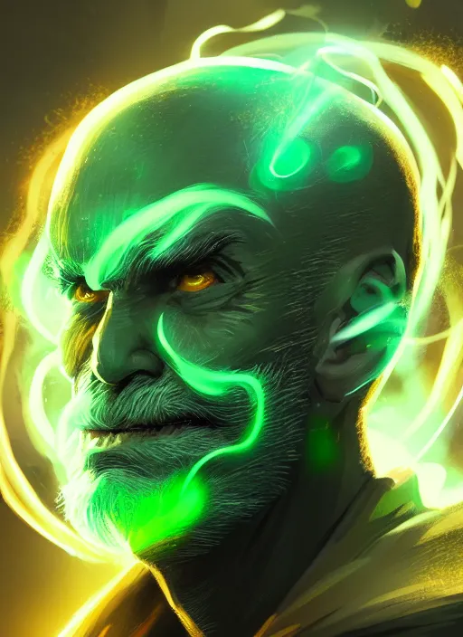 Image similar to a highly detailed illustration of bald old man smoking with green glowing eyes, dramatic smoking pose, nuclear background, intricate, elegant, highly detailed, centered, digital painting, artstation, concept art, smooth, sharp focus, league of legends concept art, wlop.