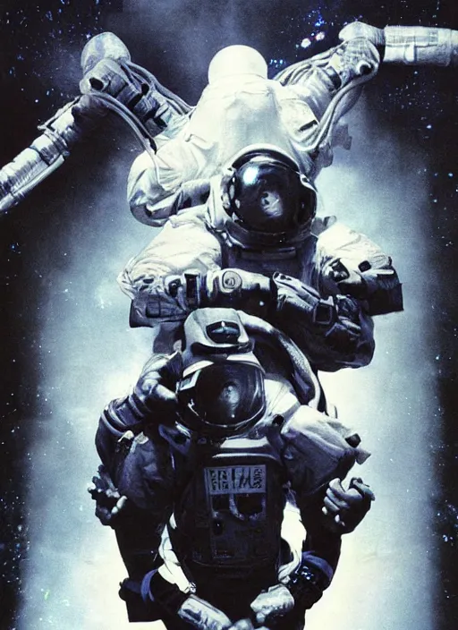 Image similar to astronauts in dark and empty void underwater - complex composition and hyperdetailed technical suit. reflection and dispersion materials. rays and dispersion of light. volumetric light. 5 0 mm, f / 3 2. noise film photo. flash photography. ultra realistic, wide angle. poster by wayne barlowe, hajime sorayama aaron horkey, craig mullins. polaroid.