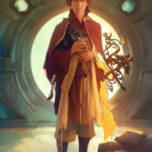 Image similar to a photorealistic male wizard teenager wearing wizard outfit, sharp focus, illustration, art by artgerm and greg rutkowski and alphonse mucha