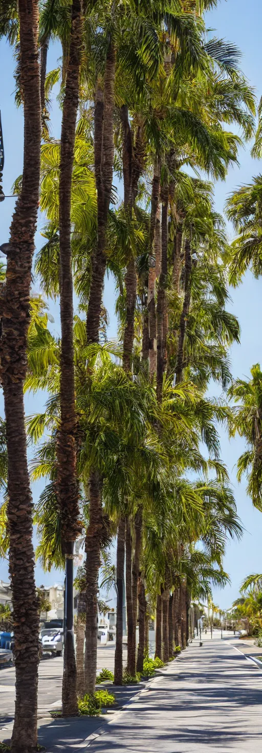 Prompt: depth of field photo of sidewalk with bike path, palm trees, accessible for the disabled, by professional photographer, 8 k resolution, photo, high quality