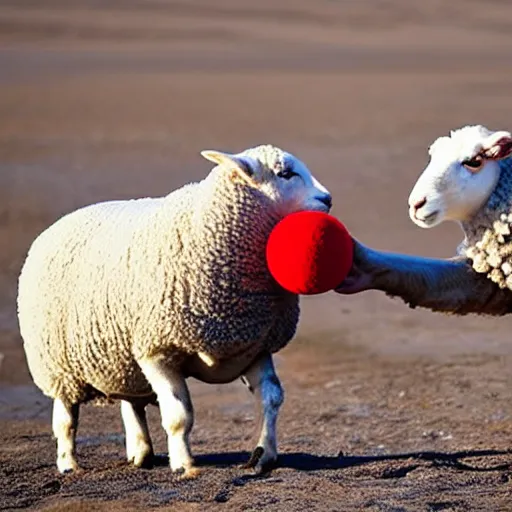 Image similar to sheep and seal playing together with a red ball