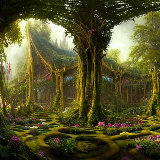 Image similar to a beautiful and highly detailed matte painting of an elven palace in a magical fantasy forest garden, psychedelic trees and plants and flowers, celtic vegetation, epic scale, insanely complex, hyperdetailed, sharp focus, hyperrealism, artstation, cgsociety, 8 k, bright colors, by caspar friedrich, albert bierstadt, james gurney, brian froud,