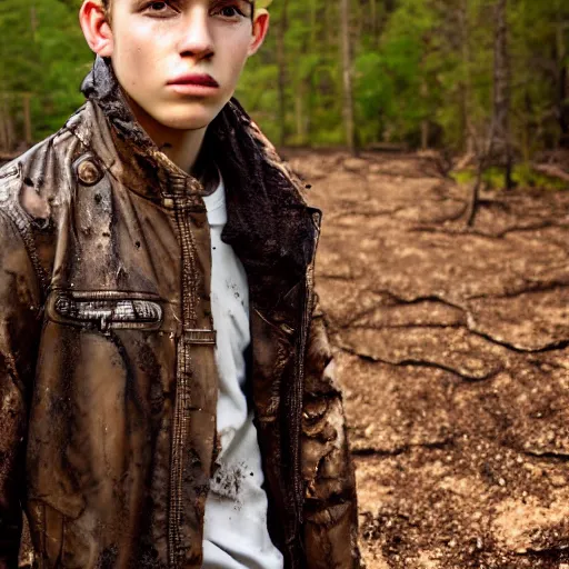 Prompt: detailed portrait of a teenage boy, around 1 9 yo. looking angy. shirtless, tousled hair. muddy face. ominous and eerie looking forest in background.