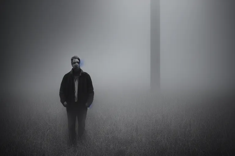 Image similar to a cinematic headshot portrait of an emotional middle aged male stood in a fog filled field, a neon light shines in the distance, perfectly lit face, ultra realistic, depth, beautiful lighting