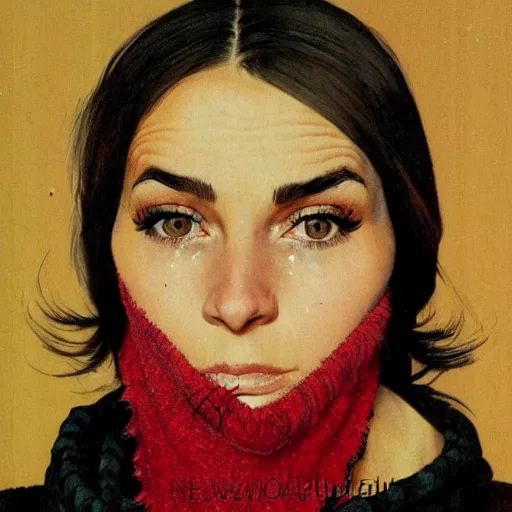 Image similar to Frontal portrait of a woman. All black clothing. Sweater, bandana, gaiter mask, heavy eye shadow and spiky hair. Norman Rockwell painting.