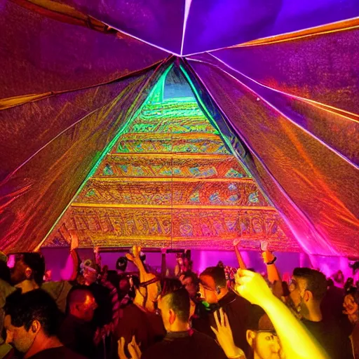 Image similar to the interior of an egyptian pyramid, modern, edm party inside