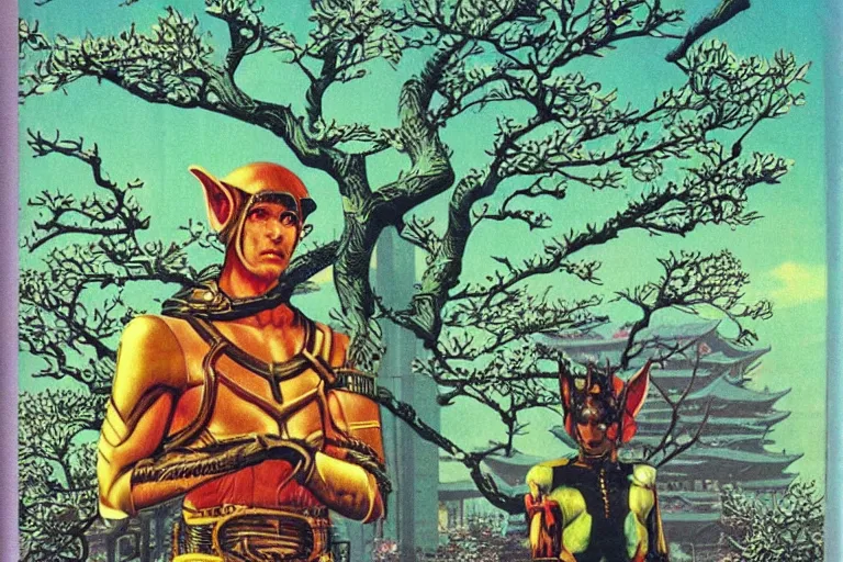 Image similar to 1979 OMNI Magazine Cover of a Druidic elf with armor by a cherry tree in Neo-Kyoto in cyberpunk style by Vincent Di Fate trending in r/reasonablefantasy