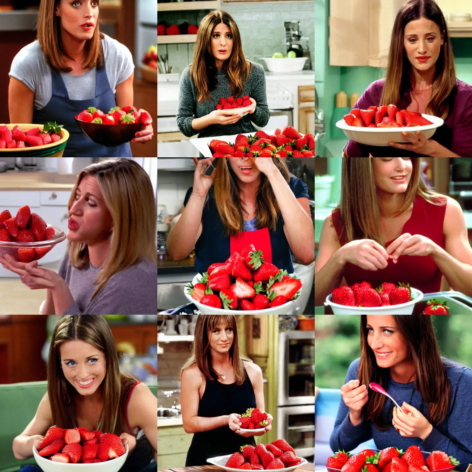 Prompt: rachel from friends eating a bowl of fresh strawberries