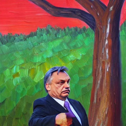 Image similar to viktor orban protecting a tree, oil painting