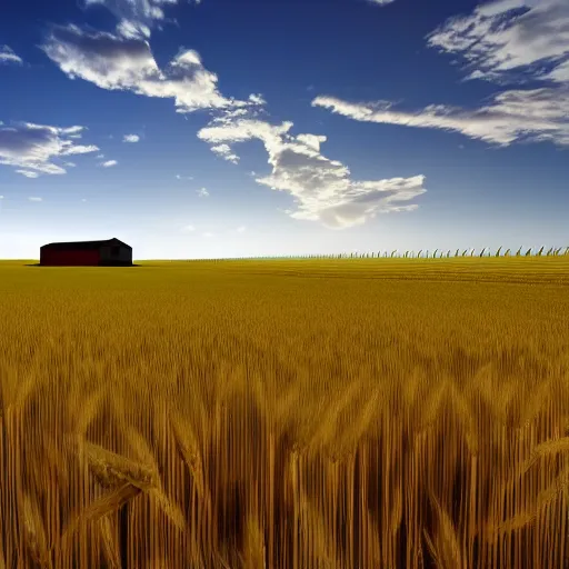 Prompt: field of wheat with an abandoned barn with a fence around it 4k, HD, photorealistic