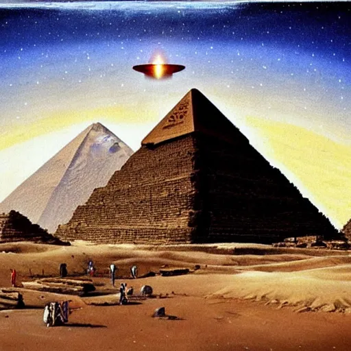 Image similar to ufo over pyramids, egyptian painting