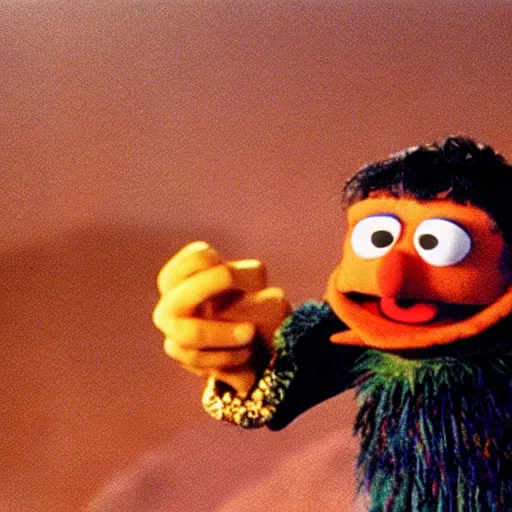 Prompt: “film still of Bert from Sesame Street throwing the one ring into Mount Doom, directed by Peter Jackson”