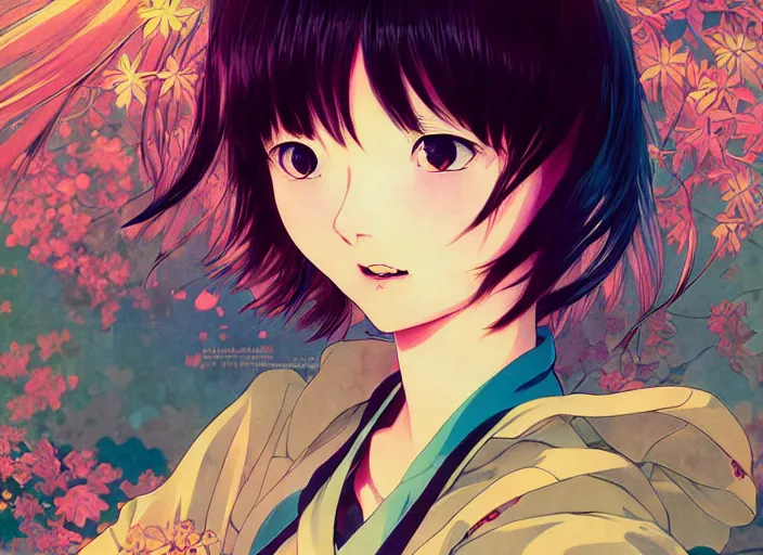 Prompt: yoh yoshinari editorial illustration colorful anime portrait of shiina ringo, murata range, manga, ilya kuvshinov, fine texture, detailed, matte colors, perfect anime face, cinematic dramatic lighting, film grain, dynamic composition, moody, vivid,, volumetric, alphonse mucha, fine stippled, katsuhiro otomo