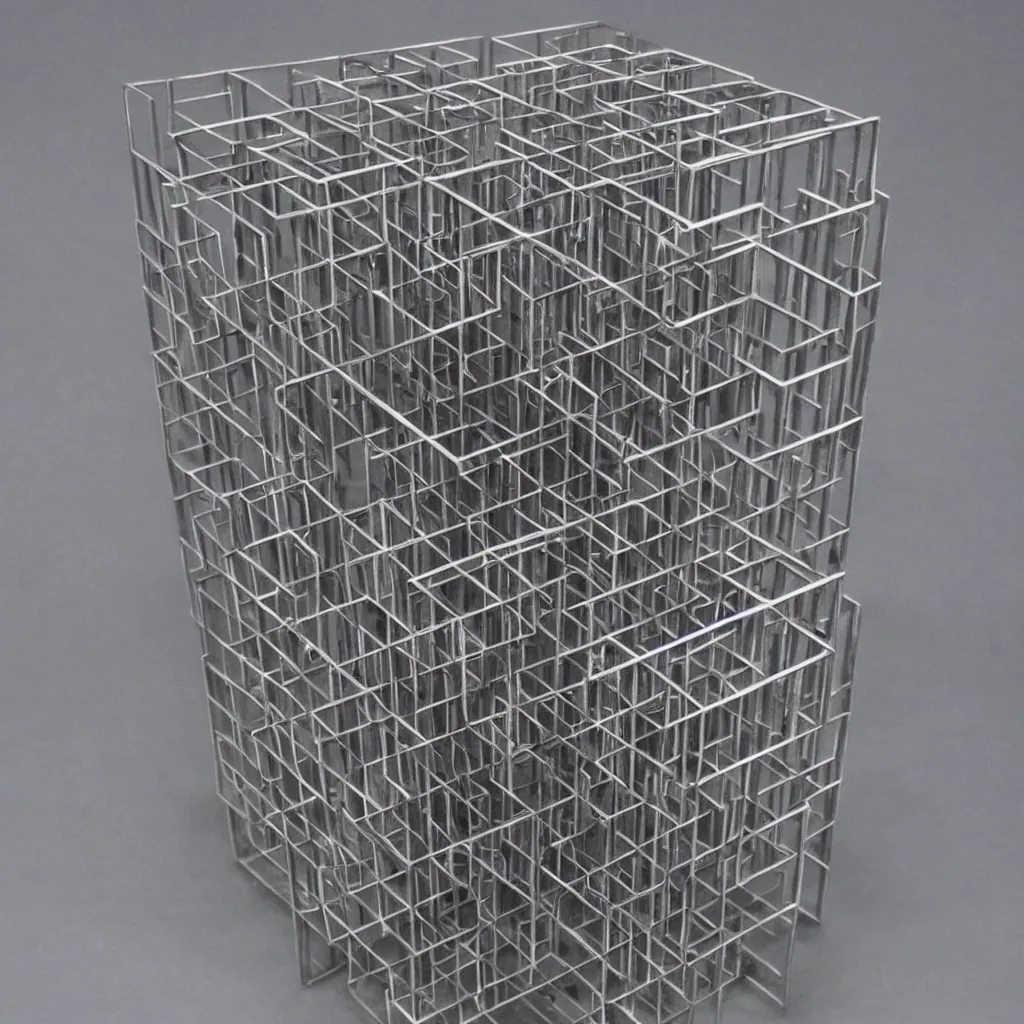 Image similar to a realistic metal sculpture of a hypercube, super detailed