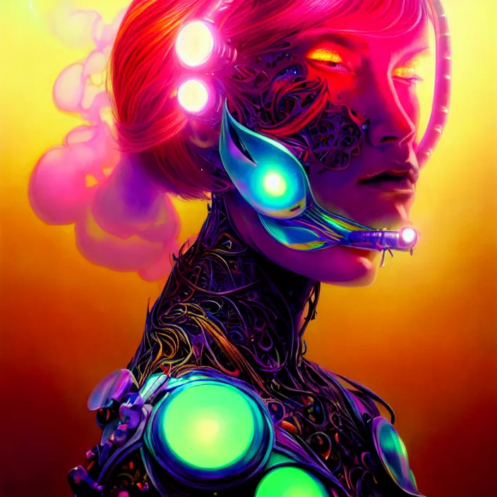 Image similar to bright psychedelic portrait of organic cyborg, wings, volumetric smoke in light rays, diffuse lighting, fantasy, intricate, elegant, highly detailed, lifelike, photorealistic, digital painting, artstation, illustration, concept art, smooth, sharp focus, art by John Collier and Albert Aublet and Krenz Cushart and Artem Demura and Alphonse Mucha