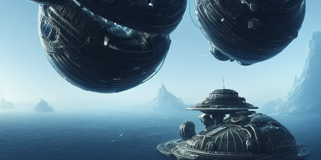 Image similar to highly detailed floating alien fortress in space, huge, gargantuan, sense of scale, complex intricate science fiction machinery, biophilia, eco dome, military technology, 8 k octane render, 4 k unreal engine, hyperdetailed, chiaroscuro lighting, raytracing, by paul chadeisson and sparth, trending on artstation