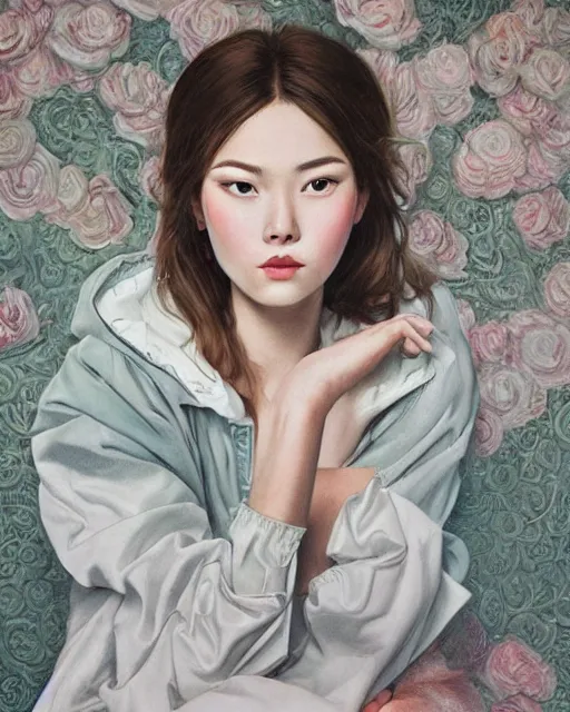 Prompt: a ultradetailed beautiful panting of a stylish woman sitting on the floor in a tiled room, she is wearing an oversized jacket, night time, highly detailed face, oil painting, by tran nguyen