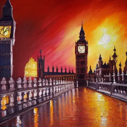 Image similar to detailed, soft, dynamic painting of the Big Ben on fire, professional painting, at dusk