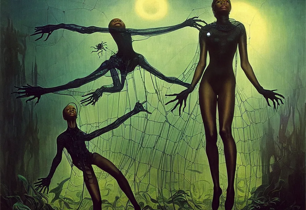 Prompt: realistic detailed portrait movie shot of a beautiful black woman in a transparent sheer suit raincoat dancing with a giant spider, futuristic sci fi landscape background by denis villeneuve, jean delville, monia merlo, yves tanguy, ernst haeckel, alphonse mucha, max ernst, caravaggio, roger dean, sci fi necklace, masterpiece, dreamy, rich moody colours