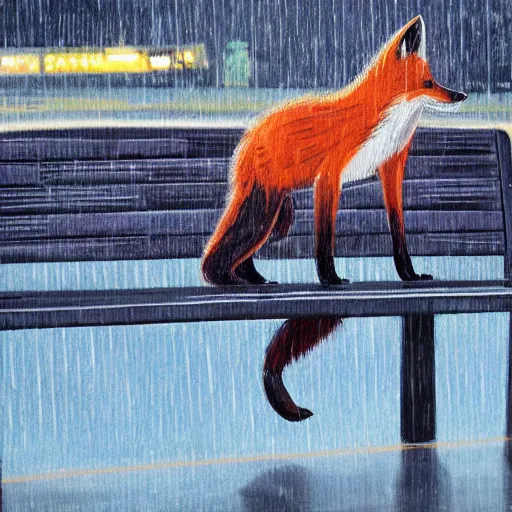 Image similar to painting of a fox in front of a bus stand bench at a rainy night, trending on artstation - 1 0 2 4