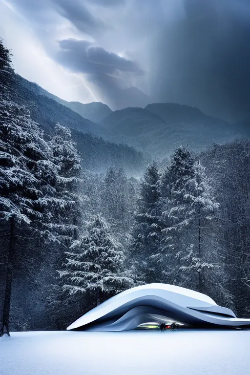 Image similar to a futuristic scene in front of a zaha hadid building in the forrest of the french alps in the style of chris moore, stormy weather with lightning, cinematic matte painting, extreme detail 8 k photo quality, dark moody colors, snowfall, featured on behance