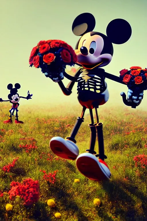 Image similar to a skeletal, mickey mouse made out of flowers and bones, taking a giant robot for a walk by beeple and arcimboldo, highly detailed, rendered in octane