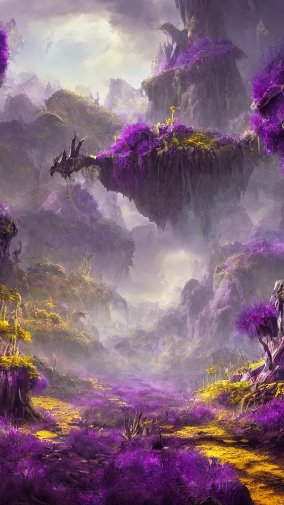 Prompt: a 3D render of a fantasy scenery artwork, yellow-tinted with a hint of purple, thriving ecosystem, wide-angle, high contrast, highly detailed, sharp focus, digital painting, 3D art, illustration, trending on artstation,