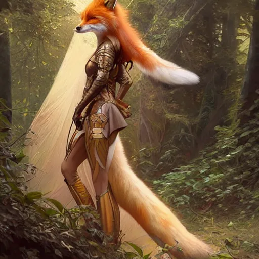 Prompt: photo of a humanoid female fox were a heroic dress an armour in the forest, long hair, highly detailed, digital painting, artstation, smooth, sharp focus, illustration, art by artgerm and greg rutkowski and alphonse mucha