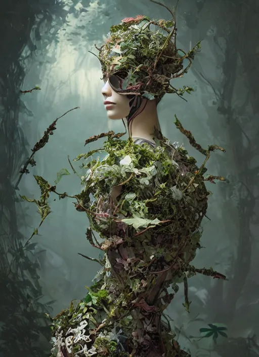 Image similar to portrait of a futuristic geisha cyborg overgrown with ivy, modern fine art, fractal, intricate, elegant, highly detailed, digital photography, subsurface scattering, by jheronimus bosch and greg rutkowski,