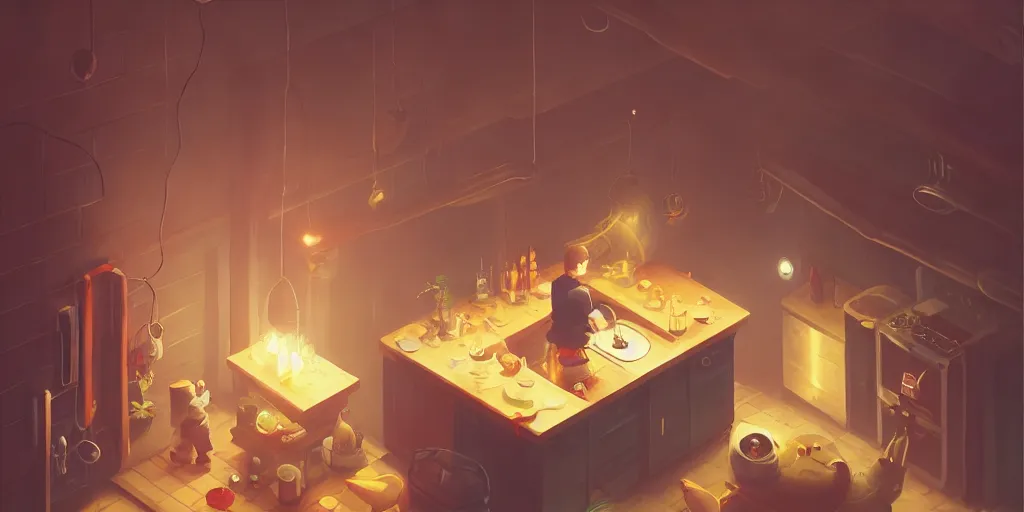 Image similar to cute solitary kitchen dim lit by a candle ripped physique simon stalenhag gerald brom bastien grivet by greg rutkowski, game background, fisheye lens, high angle view, 5 point view