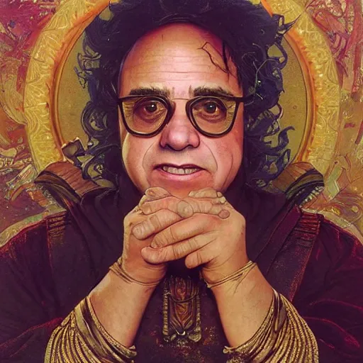 Image similar to Danny Devito as a goddess , A stunning masterpiece, Highly Detailed, Photorealism, by Greg rutkowski, Sachin Teng, Thomas Kindkade, Alphonse Mucha, Norman Rockwell, Tom Bagshaw