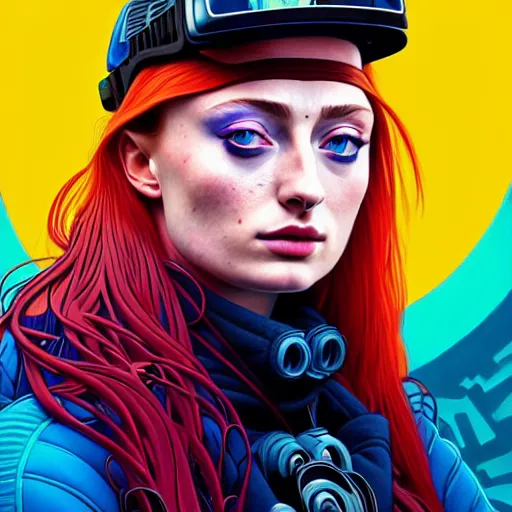 Image similar to high quality high detail portrait of a sophie turner as diesel punk character in an futuristic world, techwear, tristan eaton, victo ngai, artgerm, rhads, ross draws, hyperrealism, intricate detailed, alphonse mucha, pastel colors, vintage, artstation