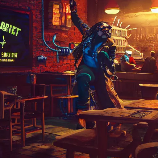 Image similar to high quality portrait of a pirate with four arms in a cyberpunk cyberpunk cyberpunk cafe, realism, 8k, award winning photo