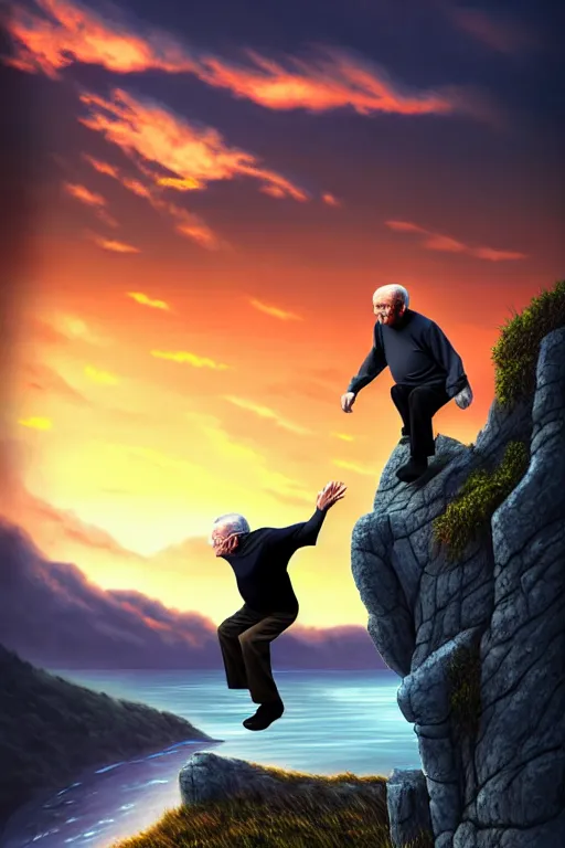 Image similar to elderly man falling off a cliff, tragic moment, 8 k, art by artgerm, award winning photo, sunset in background, ravens in the sky, highly - detailed