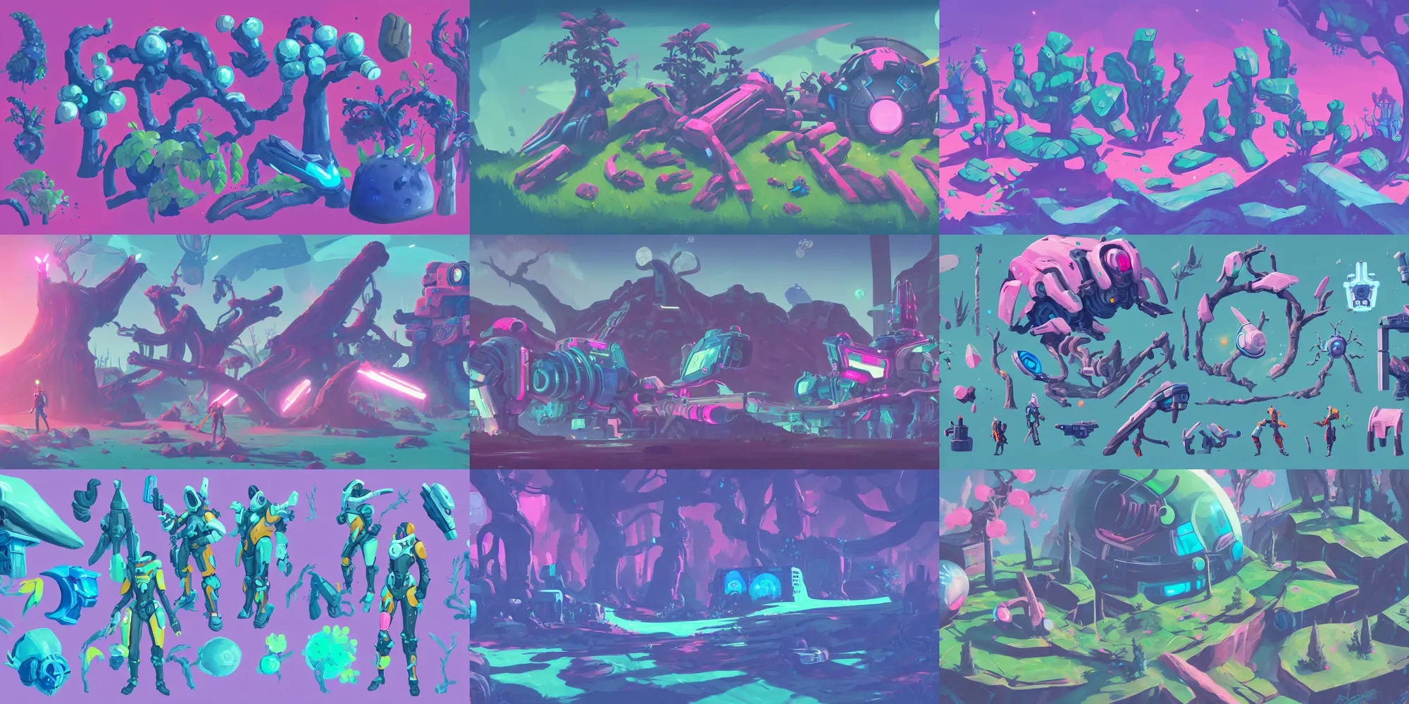 Prompt: game asset of plant and tree, in gouache detailed paintings, props, stylized, arcane, overwatch, blue and pink color scheme, futuristic, no mans sky, sci - fi, 8 k