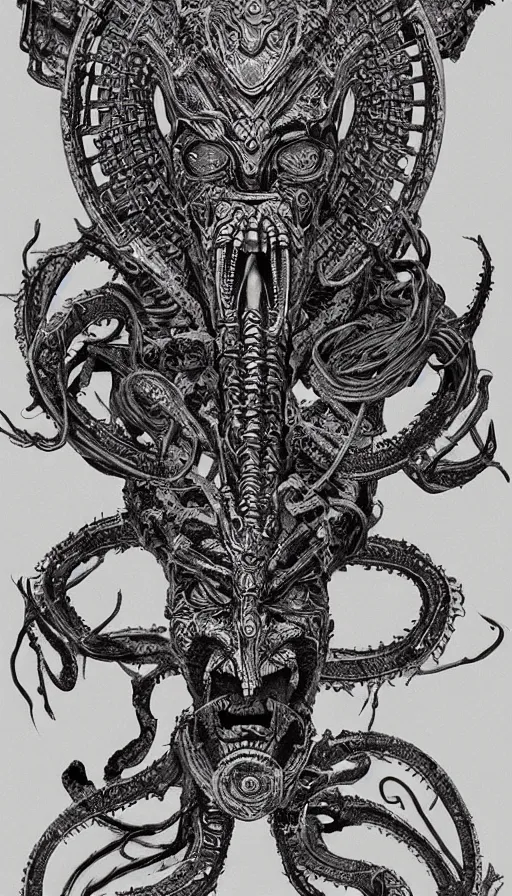 Image similar to ancient biomechanical hybrid aztec fantasy human serpent demon face mask tattoo pattern concept, teonanacatl glyph, intricate artwork by, Johnatan Wayshak, Zdizslaw Beksinski, Artgerm, H.R. Giger, very coherent artwork, cinematic, hyper realism, high detail, octane render, unreal engine, 8k, High contrast, higly detailed black ink outline, crosshatch sketch gradient