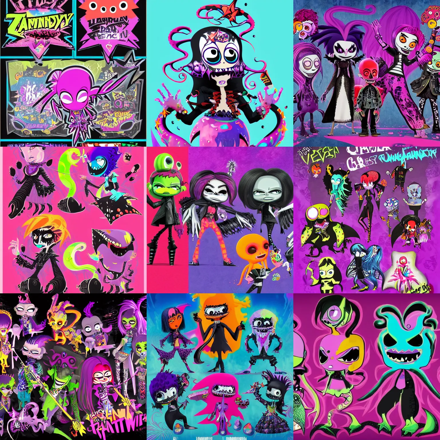 Prompt: lisa frank gothic punk vampiric rockstar vampire squid concept character designs of various shapes and sizes by genndy tartakovsky and the creators of fret nice at pieces interactive and splatoon by nintendo for the new hotel transylvania film starring a vampire squid kraken monster