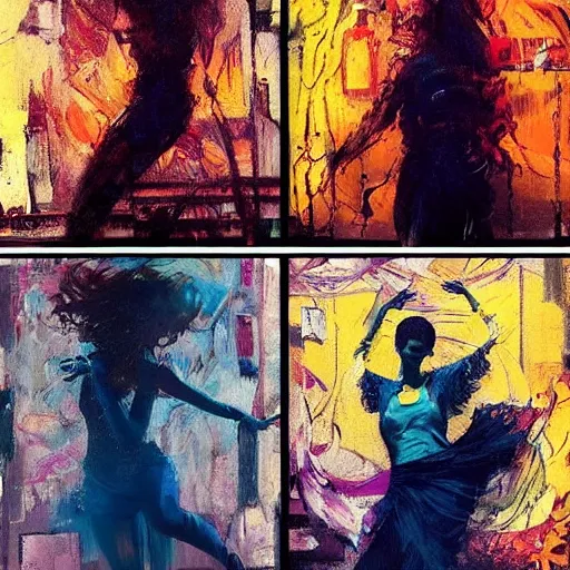 Image similar to portrait of beautiful girl sensual dancing, ecstatic, wonderful techno party, shades of blue, utopia, by by greg rutkowski, by jeremy mann, by francoise nielly, by vincent van gogh