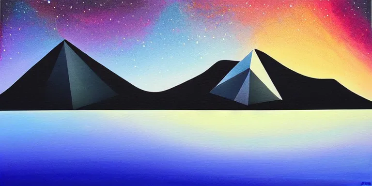 Prompt: a beautiful abstract acrylic painting on a white background of geometric mountain tops made of nebula reflecting on a lake by viktoria lapteva