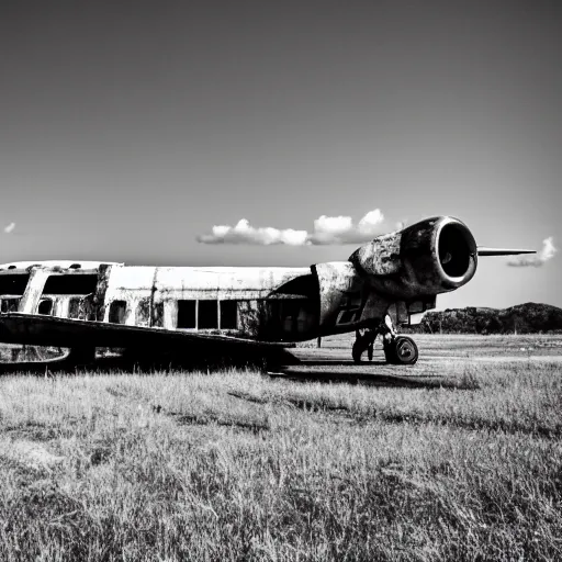 Prompt: black and white press photograph of a rusted abandoned business jet on an abandoned hangar, full view, detailed, natural light, mist, film grain, soft vignette, sigma 5 0 mm f / 1. 4 1 / 1 0 sec shutter, imax 7 0 mm footage