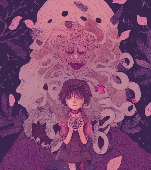 Image similar to portrait, nightmare anomalies, leaves with howl by miyazaki, violet and pink and white palette, illustration, kenneth blom, mental alchemy, james jean, pablo amaringo, naudline pierre, contemporary art, hyper detailed