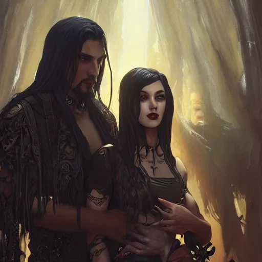 Image similar to a tall goth girl and a buff handsome man, family photo, cute, intricate, highly detailed, digital painting, artstation, concept art, smooth, sharp focus, illustration, unreal engine 5, 8 k, art by artgerm and greg rutkowski and alphonse mucha